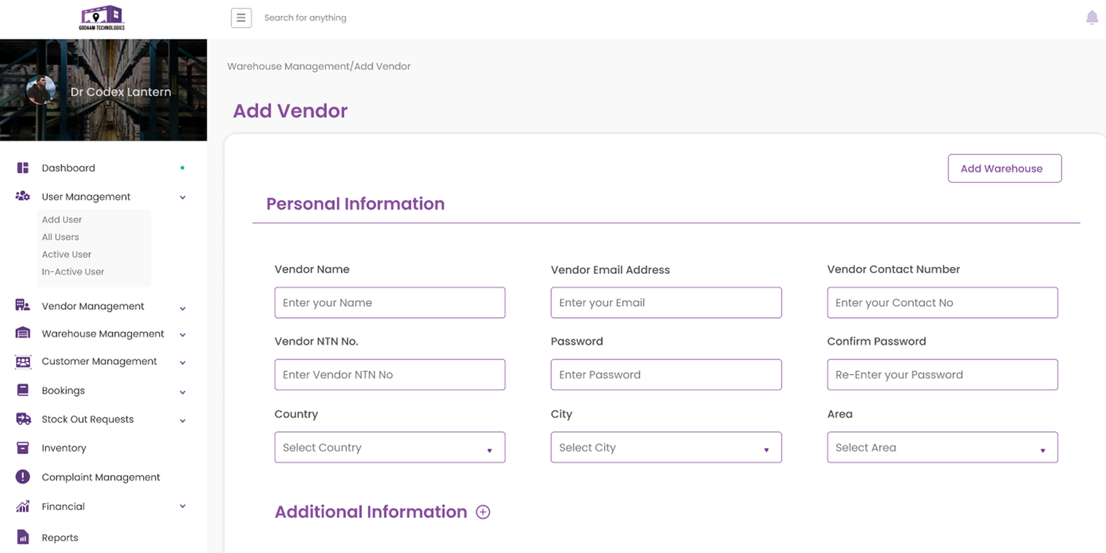 Godaam add vendor form with personal and business information fields
